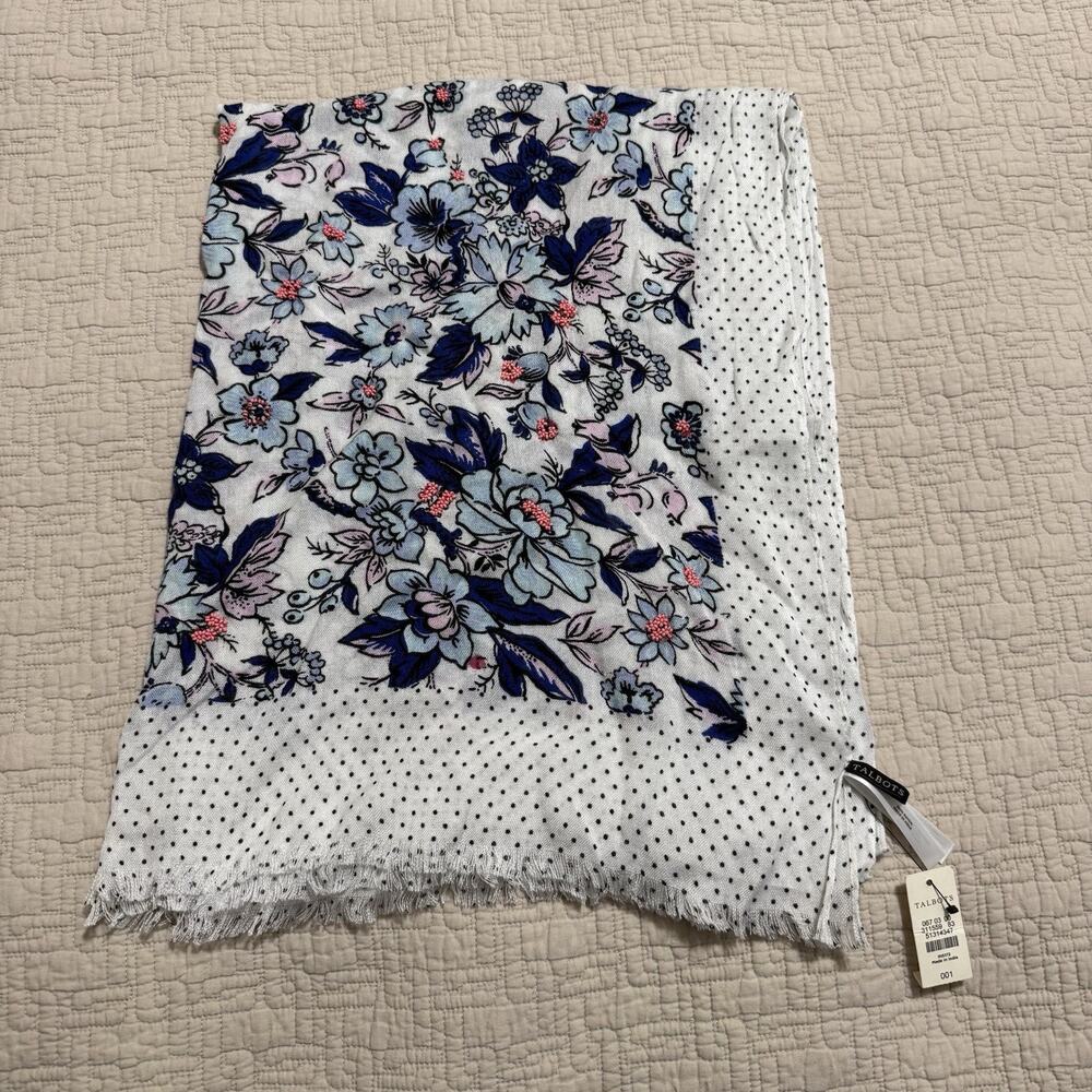 Talbots Blue Floral Beaded Scarf with Polka Dot Border
